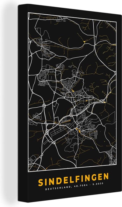 Canvas Schilderij Duitsland – Black and Gold – Sindelfingen – Stadskaart – Kaart – Plattegrond - 20x30 cm - Wanddecoratie
