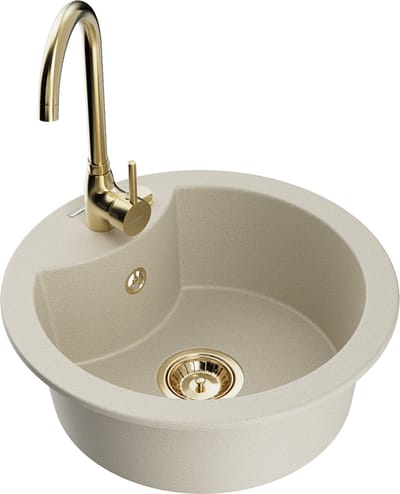 Mexen Diego granieten spoelbak 1-komorige met keukenmengkraan Telma, beige - 6512-69-670200-50