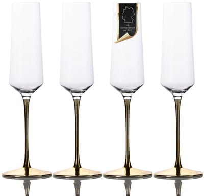 Intirilife 4x Champagneglas met goudkleurige steel - 200 ml inhoud - champagne prosecco glas kristalglas schokbestendig