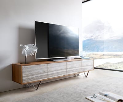 TV-meubel Kleo acacia natuur 200 cm 4 deuren V-poot RVS Lowboard