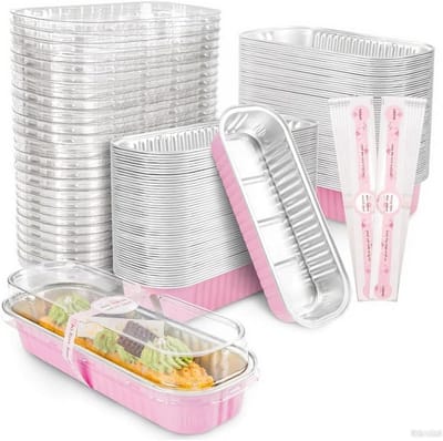 Mini-cakevormen met deksel en lepels - Rechthoekige aluminiumfolie vormen - Voedselcontainer - Roze - 193 ml - 100 stuks