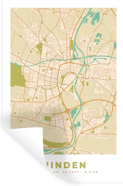 Muurstickers - Sticker Folie - Stadskaart - Minden - Plattegrond - Kaart - 20x30 cm - Plakfolie - Muurstickers Kinderkamer - Zelfklevend Behang - Zelfklevend behangpapier - Stickerfolie