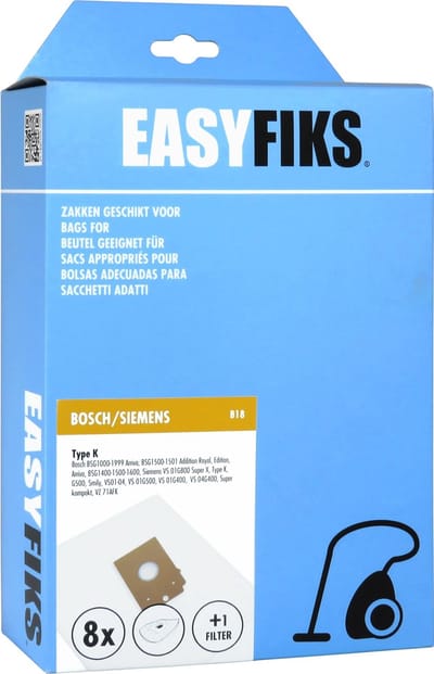 Easyfiks B18 stofzuigerzakken geschikt voor Bosch en Siemens - 8 stuks + 1 filter - voor Big Bag 3L - Arriva - Smily - Type K