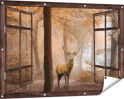 Gards Tuinposter Doorkijk Hert in het Bos - Herfst - 120x80 cm - Tuindoek - Tuindecoratie - Wanddecoratie buiten - Tuinschilderij