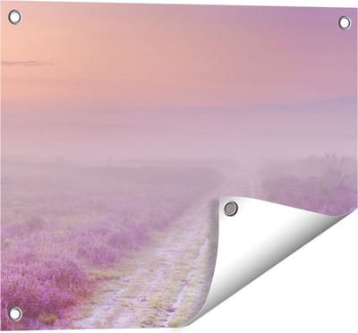 Gards Tuinposter Pad in de Weide tijdens de Mist - 50x40 cm - Tuindoek - Tuindecoratie - Wanddecoratie buiten - Tuinschilderij