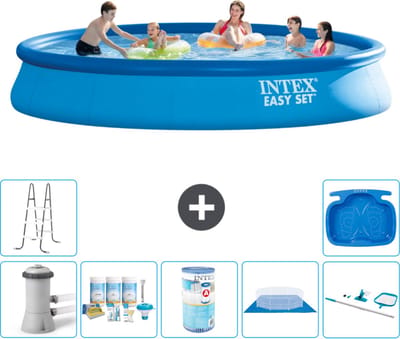 Intex Rond Opblaasbaar Easy Set Zwembad - 457 x 84 cm - Blauw - Inclusief Pomp - Onderhoudspakket - Filter - Grondzeil - Schoonmaakset - Ladder - Voetenbad - 8-delig