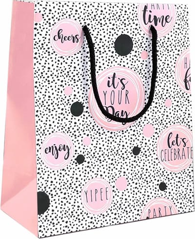 Luxe Cadeautas Met koord - 24 x 10 x 33,5 cm - Party Time - Zwart Roze- 12 Stuks