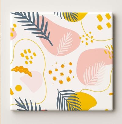 Abstracte Botanische Tegel 15x15 cm – Moderne Minimalistische Keramische Wanddecoratie met Roze, Geel en Grijs Bladontwerp voor Huisdecoratie