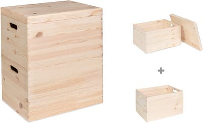 Haudt® Houten stapelkist set 46cm - 1 x KIM Maxi open en 1 x KIM Maxi met losse deksel - stapelbare opberger - houten kisten - opbergkist