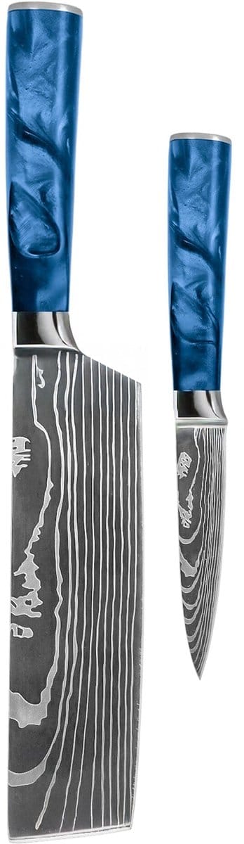 Shinrai Knives - Damascus Print Epoxy Sapphire 2-delige Messenset - Nakiri + Schilmes