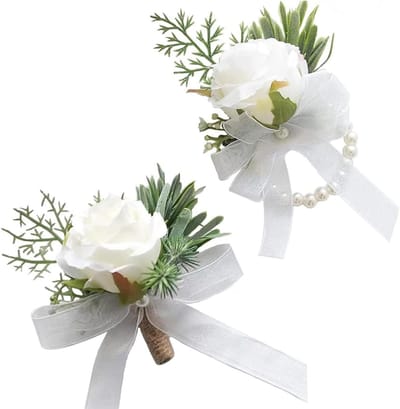 2x Witte Bruiloft Corsage Set - Boutonniere voor Bruidegom & Polsbloem voor Dames
