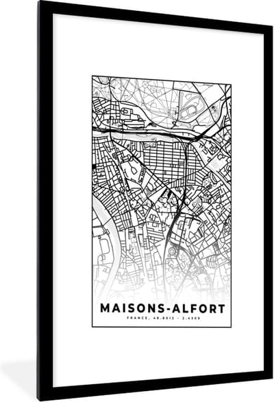 Fotolijst incl. Poster Zwart Wit- Stadskaart - Plattegrond - Maisons-Alfort - Kaart - Frankrijk - Zwart wit - 60x90 cm - Posterlijst