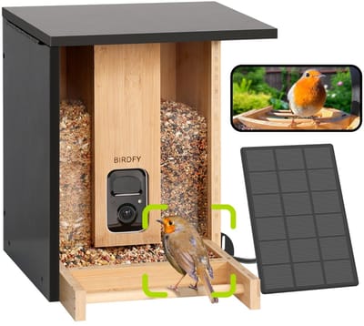 Birdfy  Feeder  Bamboo – Vogelhuisje met Camera – Live Vogels Spotten via je Smartphone - Slim Voederhuisje met AI‑Herkenning & 1080p HD – Kleur‑Nachtzicht – Zonnepaneel & Draadloos – Duurzaam Bamboe Design - Cadeau voor Natuurliefhebbers