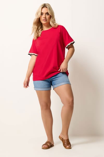 Yours Rood Metallic Tshirt Met Gehaakte Rand Size 42