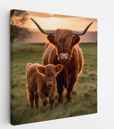 Saammp Canvas Schilderij - Schotse Hooglander Koe tussen de roze bloesem - Dieren - Natuur - 30x30 - Foto op canvas - Wanddecoratie - muurdecoratie Woonkamer - Slaapkamer decoratie - Canvas Print