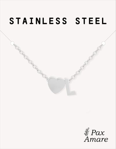 Letter L Ketting Zilverkleurig - Stainless Steel - Initiaal & Hartje Hanger - Initialen Ketting op Cadeau Kaartje - Pax Amare