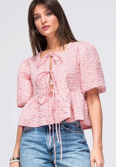 OMBRE Blouse - Regular Fit - Korte Mouw - Veters Roze S