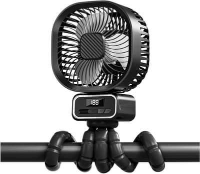 Kinderwagen Ventilator, 5000mAh, Oplaadbaar 3 Snelheden, 270° Rotatie, Stil, USB, Met Afneembare Steun & LED, Geschikt voor Kinderwagens & Wiegen, Zwart
