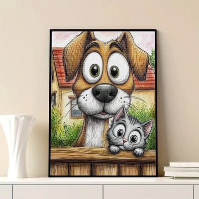 diamond painting hond en kat cartoon 30 x 40 cm leuke prent voor aan de wand