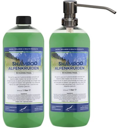 Shampoo Alpenkruiden - 1 liter (transparant) - 2 stuks - met zilveren pomp - Voordeelverpakking - Haarverzorging