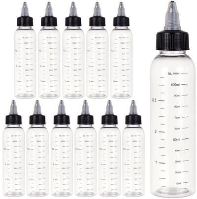Dailygoods- Knijpflessen 110 ml - Gegradueerde Flessen - Zwarte Draaisop - 12 Stuks - Duurzaam Kunststof - Voor Inkt/Oliën/Gels - Fles