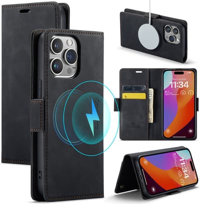 Casemania Hoesje Geschikt voor Apple iPhone 15 Pro Charcoal Gray - Portemonnee Book Case - Geschikt voor MagSafe