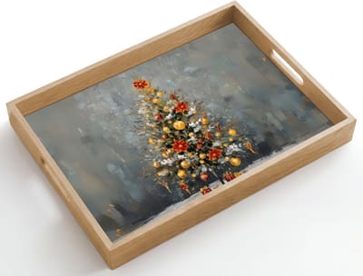 Dienblad hout 50x35 cm - Schootdienblad - Kerstboom - Cadeaus - Rood - Goud - Borrelplank rechthoek - Plateau dienbladen