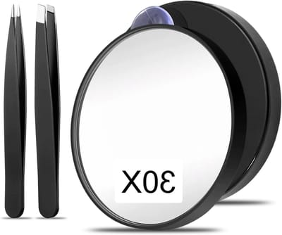 Draagbare 30x vergrotende spiegel met 2 zuignappen en 2 pincetten voor nauwkeurige make-up en wenkbrauwverzorging