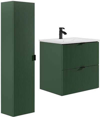 Vente-unique Gestreept hangmeubel voor badkamer met inbouwwastafel en kast - Mat groen - 60 cm - ZEVINI