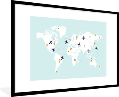 Poster in lijst - Fotolijst 120x80 cm - Posters - Wereldkaart - Vliegtuig - Simpel - Posterlijst zwart - Decoratie - Wanddecoratie woonkamer - Muurdecoratie slaapkamer