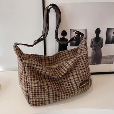 Retro High-end Ruitjes Wolle Tas voor Dames met Grote Capaciteit Herfst en Winter Mode Veelzijdige Commuter Crossbody Schoudertas