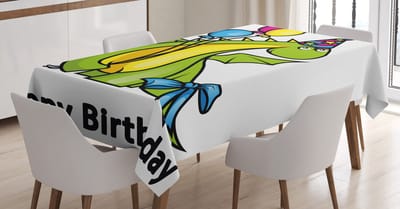 ABAKUHAUS verjaardagstafelkleed, verjaardagsdinosaurus, vlekkenbestendig, gemakkelijk te onderhouden wasbare print met heldere kleuren zonder vervaging, 140 x 200 cm, varengroen geel