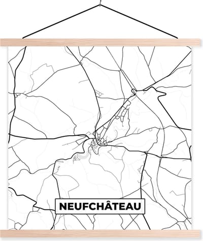 Posterhanger incl. Poster 40x40 cm - Schoolplaat - Kaart – Plattegrond – Stadskaart – Neufchâteau – België – Zwart Wit - Textielposter - Blanke latten - Stadskaart