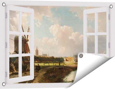 Gards Tuinposter Doorkijk Gezicht op Den Haag vanaf de Delftse Vaart in de Zeventiende Eeuw - Cornelis Springer - 60x40 cm - Tuindoek - Tuindecoratie - Wanddecoratie buiten - Tuinschilderij