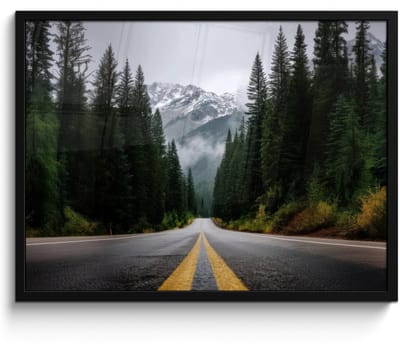 Poster in lijst - Fotolijst 70x50 cm - Posters - Sparrenbos - Weg - Bergen - Sneeuw - Posterlijst zwart - Decoratie - Wanddecoratie woonkamer - Muurdecoratie slaapkamer