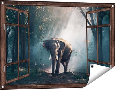 Gards Tuinposter Doorkijk Olifant in het Bos met Zonneschijn - 90x60 cm - Tuindoek - Tuindecoratie - Wanddecoratie buiten - Tuinschilderij