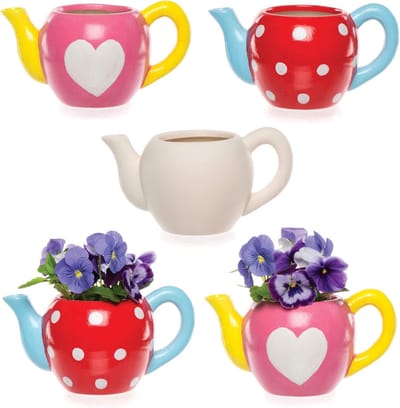 Famanu – Set van 2 keramische theepot plant potten voor kinderen, ideaal voor schilderen en decoreren, 9 cm x 16 cm