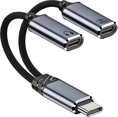 100W USB-C splitter met snelle oplaadfunctie – dubbele USB-C adapter voor gelijktijdig muziek en opladen, Geschikt voor iPhone 16/15, iPad, MacBook, Galaxy en meer , grijs