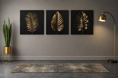 Gouden Bladeren Drieluik – Canvas Schilderij – Elegante Wanddecoratie – Moderne 3-Delige Kunst – Luxe Interieur - 3x30x30 cm