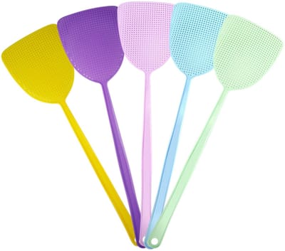 Vliegenmepper – Handmatige insectenmepper – Kunststof – Lange steel – Versterkt handvat – Ophangbaar – 44,5 cm – 5 stuks – Voor binnen en buiten