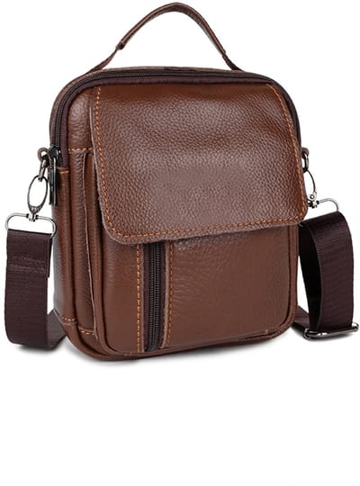 Heren Tas Leer Met Ritssluiting En Schouderband, kleur BRUIN