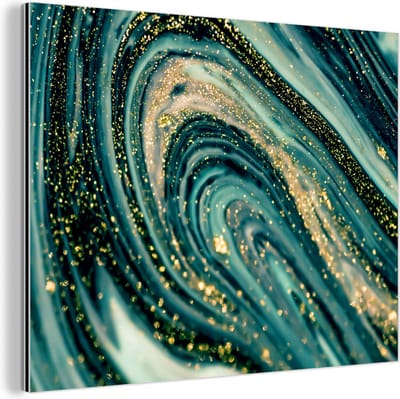 Wanddecoratie Metaal - Aluminium Schilderij Industrieel - Marmerlook - Luxe - Goud - Turquoise - Glitter - 80x60 cm - Dibond - Foto op aluminium - Industriële muurdecoratie - Voor de woonkamer/slaapkamer