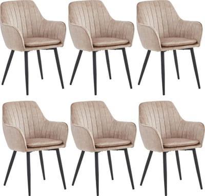 Colenis - Lavinia Eetkamerstoel - Set Van 6 - Champagne - Fluweel - Velvet - Industrieel - Met armleuning