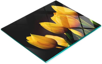 Multifunctionele decoratieve glazen snijplank voor de keuken met gele tulpen, 60x52 cm