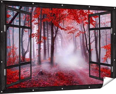 Gards Tuinposter Doorkijk Rood Bos met Bomen - 180x120 cm - Tuindoek - Tuindecoratie - Wanddecoratie buiten - Tuinschilderij