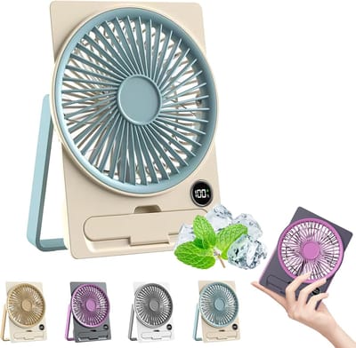 Bureauventilator – Ultradunne, oplaadbare USB-miniventilator – 180° verstelbaar & inklapbaar – Met telefoonhouder – 6 snelheidsstanden – Slim lcd-scherm – Geschikt voor kantoor en slaapkamer – Blauw