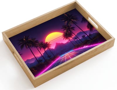 Dienblad hout 40x30 cm - Schootdienblad - Horizon - Palmbomen - Bergen - Geel - Borrelplank rechthoek - Plateau dienbladen
