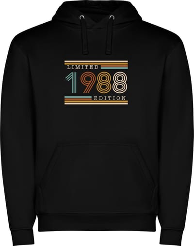 Zwarte unisex hoodie met “ Kleurrijke Limited Edition 1988 – Verjaardag – Leeftijd – Humor “ Print Full Color Color merk Roly maat S