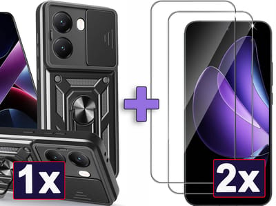 Casemania Hoesje & Glas Geschikt voor Oppo Reno 13 F - Zwart & 2x Glazen Screenprotector - Anti-Shock Hybrid Armor Back Cover - Hoes met Kickstand Ring en Camera Bescherming