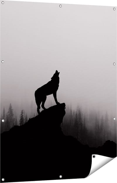 Gards Tuinposter Silhouet van een Huilende Wolf - Abstract - 90x120 cm - Tuindoek - Tuindecoratie - Wanddecoratie buiten - Tuinschilderij